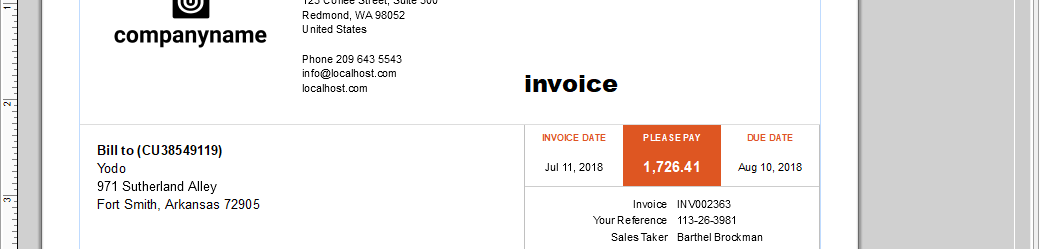 Invoice shown in the base language (english)
